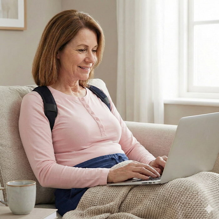 Woman wearing the WellaBack posture harness while using a laptop on the couch